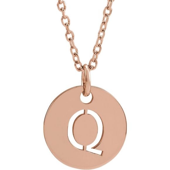 14k Rose Gold Initial Q Small 10mm Pierced Disc Necklace 16-18 Inch